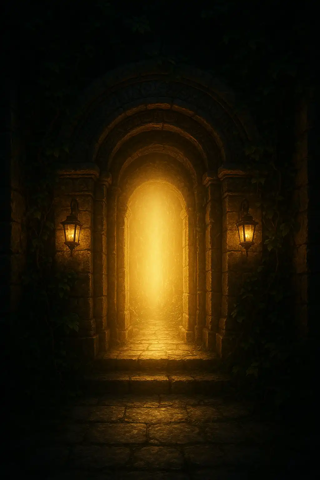 A glowing stone gateway symbolising instant Pay n Play banking access into the sanctuary
