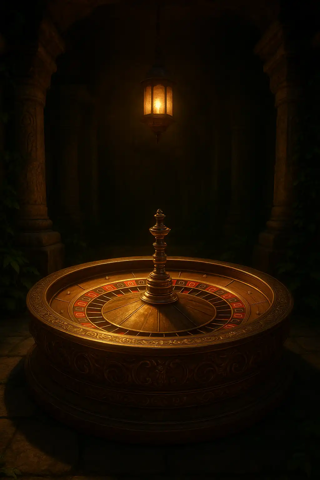 An ornate roulette wheel glowing under lantern light inside a stone temple chamber